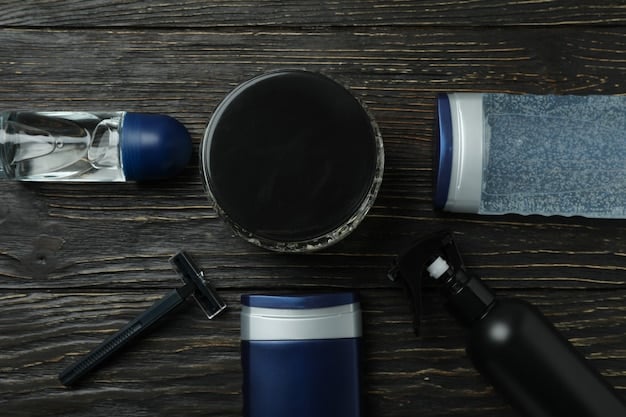 A close-up shot of various male grooming products neatly arranged on a bathroom shelf, including moisturizer, cleanser, concealer, and foundation tubes. The image emphasizes the diversity and availability of grooming products for men.