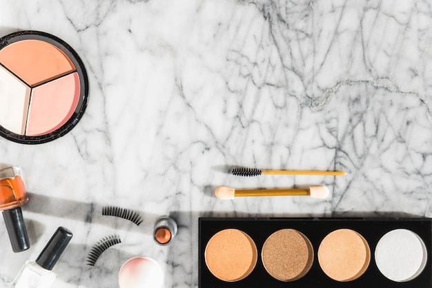 A collection of contouring product on a table: contour stick, blending brush, bronzer powder, highlighter, arranged on a marble surface with good lighting.