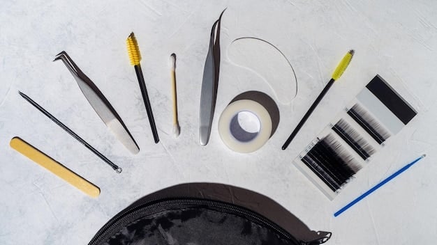 A set of male eyebrow grooming tools laid out on a table, including tweezers, small scissors, a spoolie brush, and a brow pencil.
