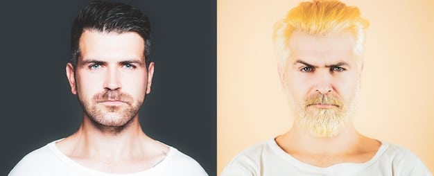 A split image showing the before-and-after results of a man using high-quality makeup, emphasizing the natural-looking coverage and enhancement of his features, with healthy and clear skin in the 