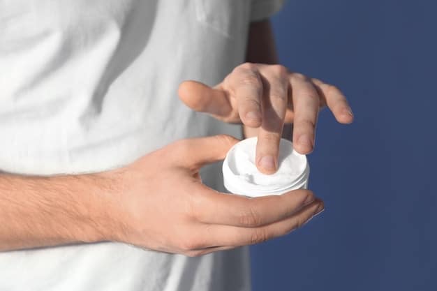 A man's hand holding a bottle of makeup remover, demonstrating the texture and consistency of the product, with a focus on clear and healthy skin.