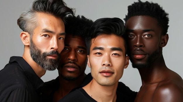 A diverse group of men of different ages and ethnicities, each wearing subtle makeup to enhance their natural features. The focus is on showcasing the versatility and inclusivity of male makeup in 2025.