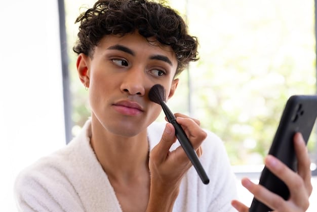 A man using an AI-powered shade finder app on his smartphone to identify his perfect foundation match. The app showcases different shades and product recommendations based on his skin tone analysis.