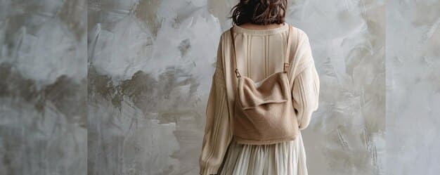 A person wearing a stylish backpack in a neutral color (gray or beige). The backpack is well-designed with multiple compartments and looks modern and functional. The background is an urban setting with blurred buildings and pedestrian traffic.