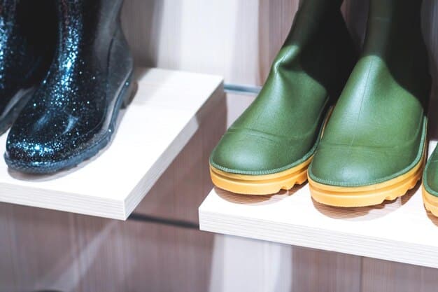 A close-up shot of various types of gender-neutral boots displayed on a shelf in a modern boutique. The boots range from classic Chelsea boots to rugged work boots, showcasing different materials like leather and suede, and colors including black, brown, and gray.