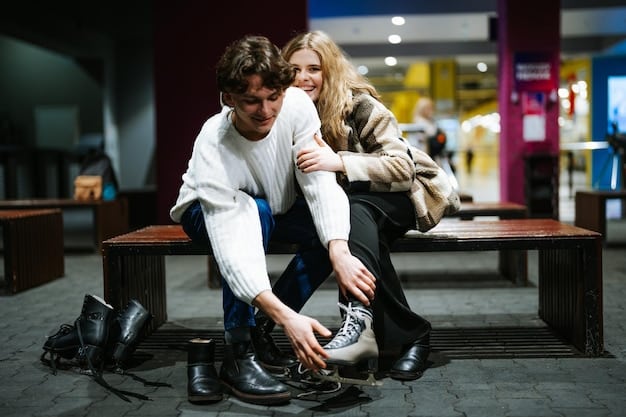 A person sitting on a bench in a shoe store, carefully trying on a pair of brown leather gender-neutral boots. They are wearing socks and meticulously checking the fit and comfort, ensuring both feet feel secure.