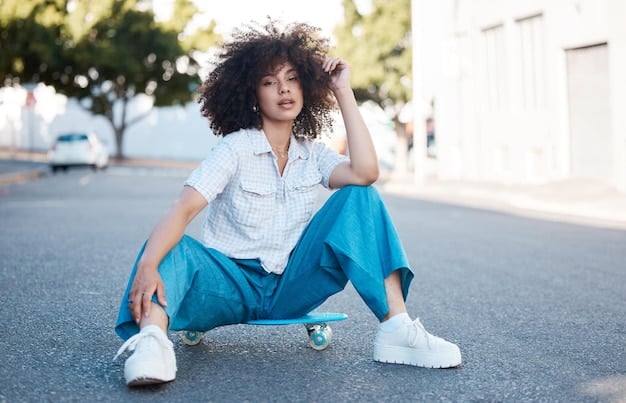 A person dressed in a carefully curated outfit that mixes vintage and modern elements: a striped vintage t-shirt, high-waisted modern jeans, and a pair of classic sneakers