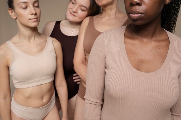 A close-up shot of various types of gender-neutral and affirming undergarments, including binders, compression tops, boxer briefs, and soft bralettes. The focus is on the fabrics and construction of the garments.