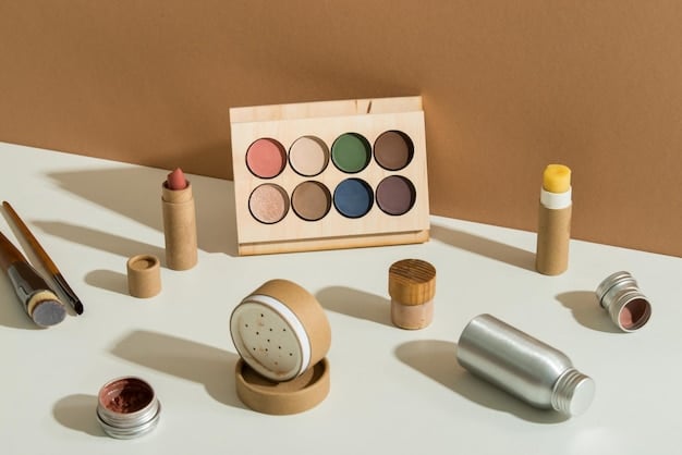 A collection of makeup products laid out on a table, including a contour kit, a highlighter palette, neutral eyeshadows, eyebrow gel, and a nude lipstick.