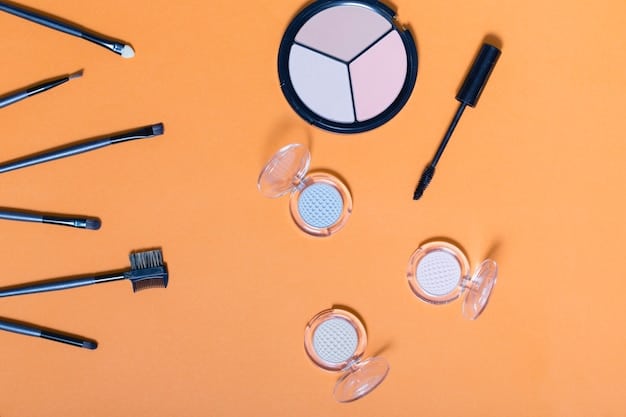 A collection of various men's makeup products, including concealer, tinted moisturizer, brow gel, and a blending brush, arranged on a clean, minimalist surface.