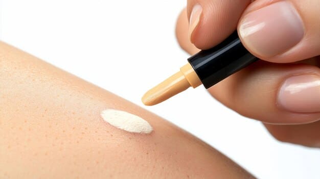 A close-up shot of a light-skinned hand applying a small amount of concealer to a blemish on a cheek. The focus is on the texture of the skin and the precise application of the product. The background is blurred to keep the attention on the application process.