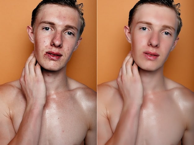 A before-and-after photo of a man's face. On one side, blemishes and dark circles are visible. On the other side, concealer is applied, showcasing a clear and even skin tone.
