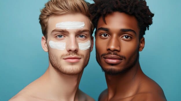 A split image showing two men. On the left, a man wearing only tinted moisturizer with a natural look. On the right, a man wearing foundation and concealer with a more polished, even complexion.