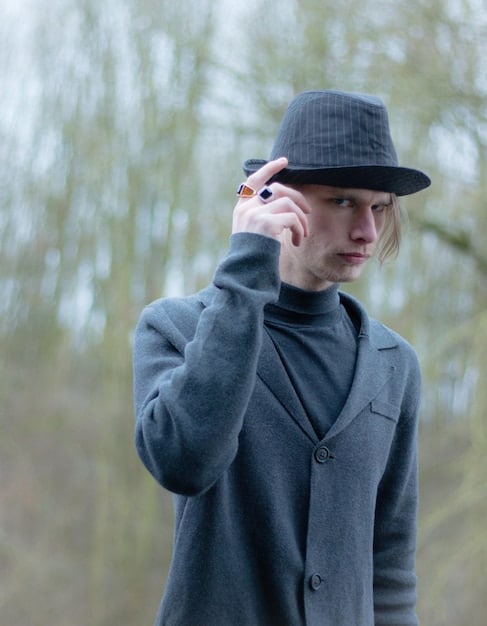 A close-up shot of a stylish person wearing a classic wide-brimmed hat, subtly obscuring their face, paired with a simple yet elegant unisex jacket, emphasizing mystery and sophistication.