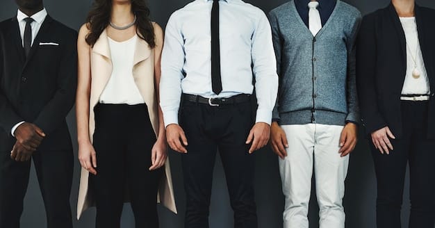 A collage showing different types of gender-neutral clothing items, including blazers, dress pants, button-down shirts, and loafers.