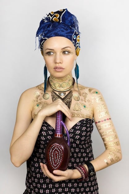 A close-up shot of a non-binary model wearing a uniquely designed garment that blends traditional masculine and feminine elements. The outfit features sharp tailoring combined with flowing fabrics, accessorized with bold, gender-neutral jewelry. The model exudes confidence and individuality.