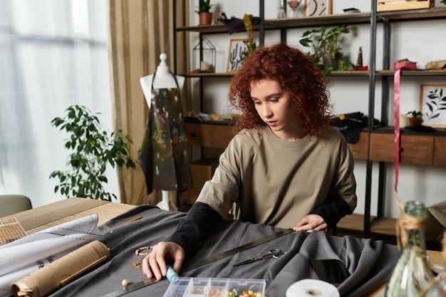 A non-binary designer working in a studio filled with sustainable materials and upcycled clothing. The image captures the creative process of transforming discarded items into fashionable, gender-neutral garments. The studio is bright and airy, reflecting a commitment to ethical and environmentally conscious fashion practices.