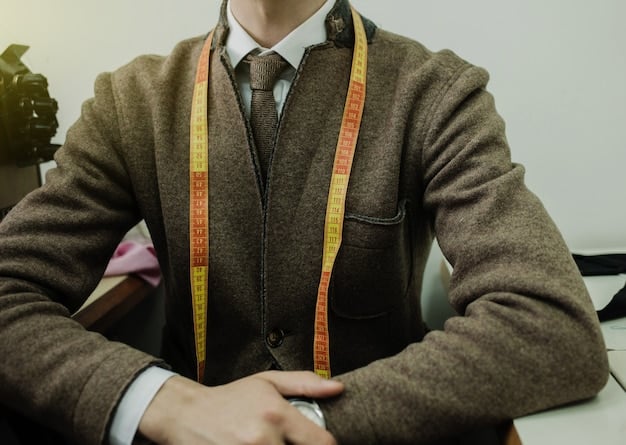 A person in a brightly lit tailoring studio, being fitted for a suit jacket by a tailor. The tailor is pinning the jacket to ensure a perfect fit, and the atmosphere is professional and precise.