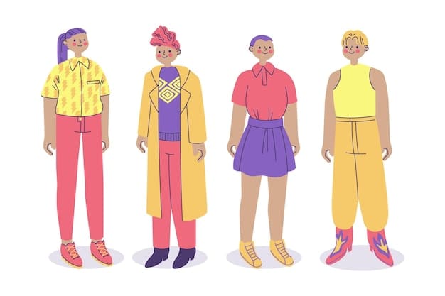 A series of digital illustrations showcasing different androgynous outfits created from a capsule wardrobe. One outfit features a white button-down shirt paired with tailored trousers and loafers. Another shows a blazer layered over a crew-neck sweater and dark wash jeans.