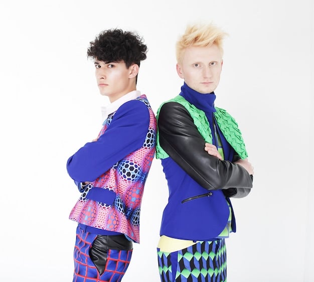 A split-screen image. On one side, an androgynous outfit featuring clashing patterns and ill-fitting garments. On the other side, a similar outfit with complementary patterns and well-tailored pieces. The background is neutral to highlight the clothing.