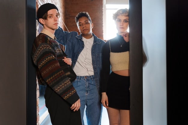 A collage showing three distinct individuals wearing androgynous outfits that reflect their personal styles. One is wearing a punk-inspired look with ripped jeans and a leather jacket, another a minimalist outfit with clean lines and neutral colors, and the third a bohemian-inspired look with flowy fabrics and vintage accessories. The background is simple to showcase the clothing.