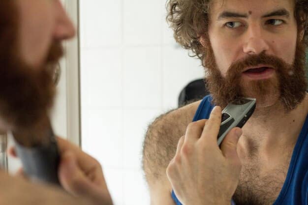A close-up of a man's face with a razor, illustrating the appropriate direction for shaving with the grain. The skin looks smooth and healthy.