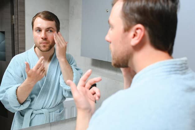A man in a bathroom mirror carefully applying a small amount of liquid concealer under his eye with his finger, illustrating precision and care.