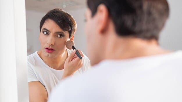 A man discretely checking his reflection in a mirror after applying concealer, indicating satisfaction with the natural and polished appearance.