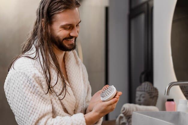 A man in his late 20s or early 30s applying a serum to his face, looking focused and in a bright, modern bathroom setting. His skin appears healthy.