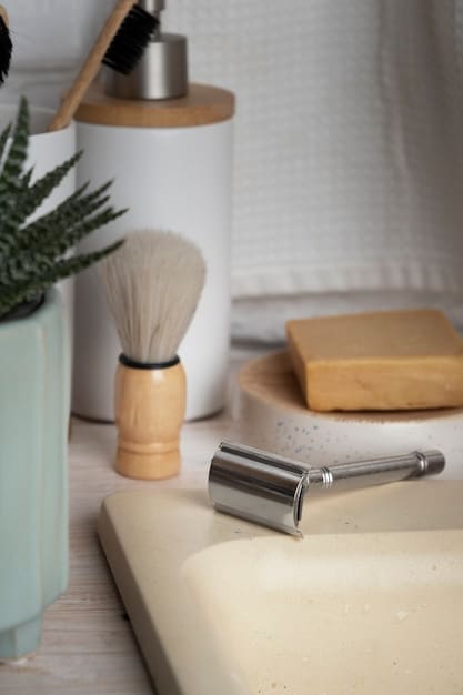 A clean, minimalist bathroom counter with a few high-quality, discreet men's grooming products, including a subtle, natural-toned concealer, a small brush, and blotting papers, signifying effective and simple daily maintenance.