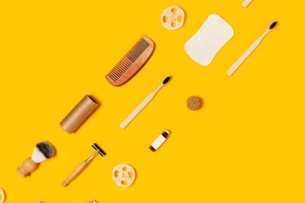 A neatly arranged set of men's grooming tools, including an angled contour brush, a beauty blender, and a contour stick, all laid out on a minimalist background.