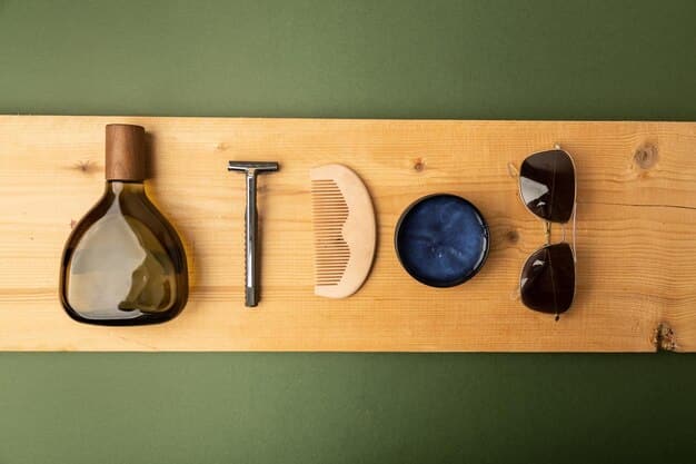 A minimalist flat lay of men's grooming products, highlighting sustainable packaging like glass bottles and bamboo lids, implying ethical and environmentally conscious choices.