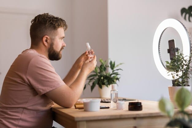 A serene setting of a man performing his evening skincare routine, with various hydrating serums and moisturizers neatly arranged, suggesting calm and self-care.