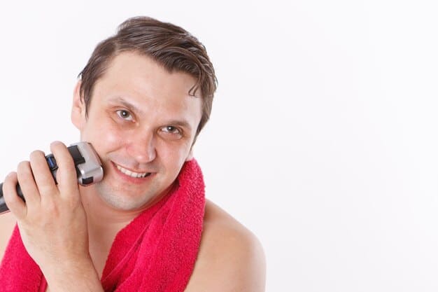 A person's face expressing comfort and satisfaction after a shave, with clear, healthy-looking skin, possibly highlighting a smooth texture.