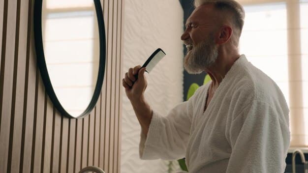 A man in his 40s with a healthy complexion applying a small amount of sunscreen to his face, looking into a mirror in a modern bathroom setting, illustrating daily skincare routine.