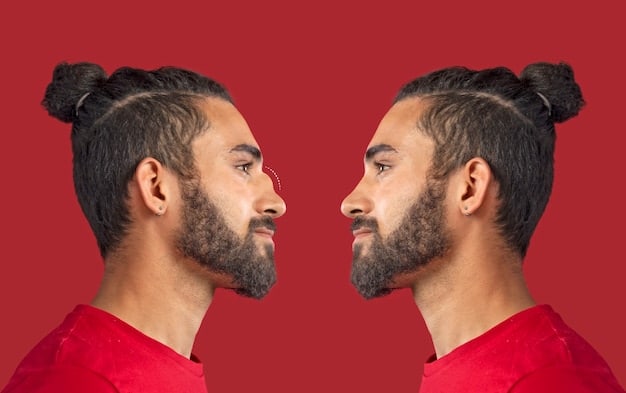 A split image comparing before and after shots of a man's cheek, showing a noticeable reduction in acne scars and improved skin texture post-treatment. One side is labeled 