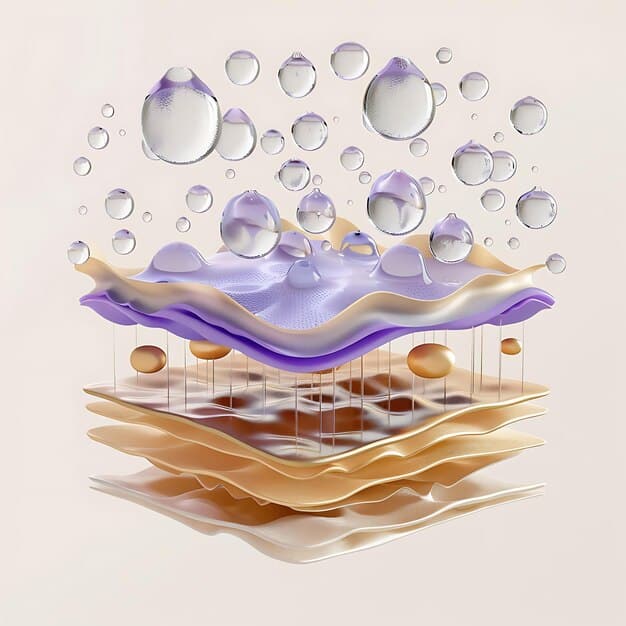 A schematic illustration depicting layers of healthy skin and a healthy skin barrier, with hyaluronic acid molecules and ceramides prominently featured as beneficial elements.