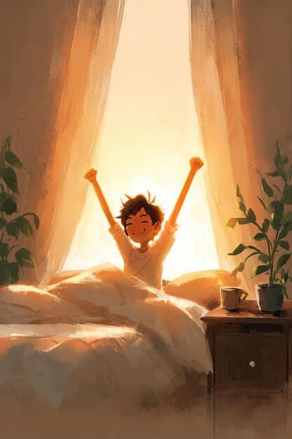 A calm person with clear, glowing skin, waking up refreshed with sunlight streaming into the bedroom, illustrating the benefits of good sleep.