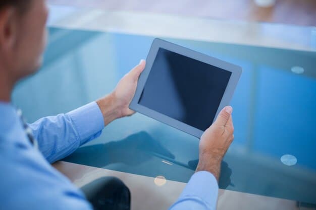 A doctor using a tablet with a holographic display showing a 3D medical scan analyzed by AI, highlighting an anomaly for early diagnosis. The background is a clean, modern clinic.