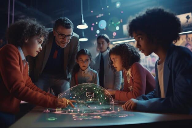 A diverse group of international policymakers and tech leaders at a round table, discussing AI regulations. A globe with a digital overlay suggests global dialogue and collaborative governance.