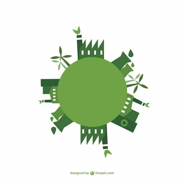 A stylized globe infused with green energy symbols like wind turbines and solar panels, surrounded by a vibrant, interconnected network of sustainable practices, illustrating a global shift towards environmental consciousness.