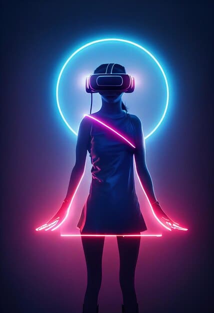 A person wearing a sleek, futuristic VR headset, surrounded by luminous, interconnected digital assets and abstract shapes, conveying a sense of immersion and seamless interaction with a virtual environment.