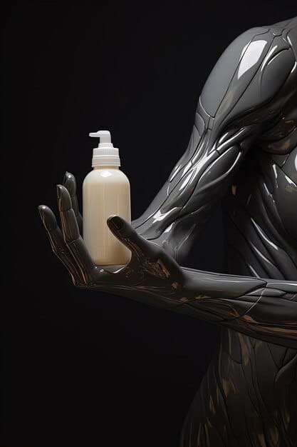 A minimalist display of men's luminous foundation bottles and tubes, showcasing sleek, gender-neutral packaging that appeals to a diverse male audience.