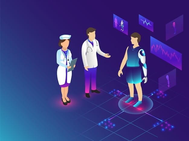 A stylized depiction of a doctor interacting with holographic medical data, showing AI assisting in diagnosis and treatment planning.