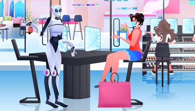 Futuristic retail store with AI-powered robots assisting shoppers and intelligent displays personalizing product views.