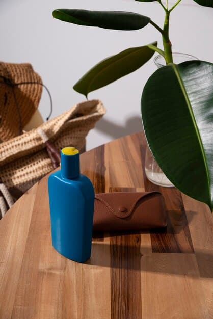 A close-up shot of various men's sustainable grooming products arranged neatly on a wooden shelf. Products include a solid shampoo bar, a refillable glass dispenser for shaving cream, a bamboo toothbrush, and a metal safety razor, all showing minimalist, earth-toned branding.