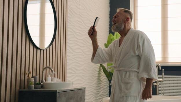 A stylish, modern man in a minimalist bathroom setting, using a sustainable grooming product (e.g., applying a solid deodorant or using a bamboo hairbrush). The scene emphasizes wellness, simplicity, and natural aesthetic, with good lighting.
