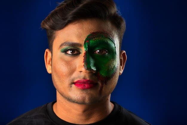 A man with vibrant blue and green eyeshadow, expertly blended and featuring a subtle shimmer, creating a striking and confident gaze.
