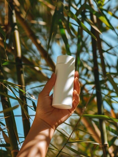 A close-up of a men's makeup product with sustainable packaging, such as a bamboo container or a glass bottle, emphasizing eco-friendly design, perhaps with a blurred natural background.