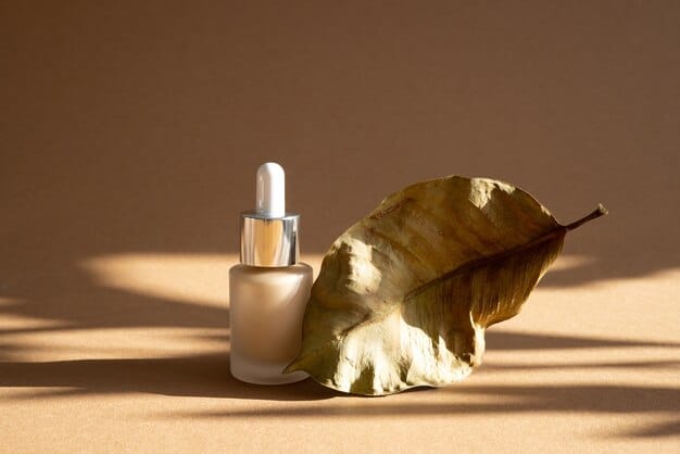 A sleek, minimalist makeup product (e.g., a tinted serum) placed on a natural, earthy background with a subtle leaf or plant element, emphasizing sustainable and natural ingredients. The packaging should look recyclable or refillable.